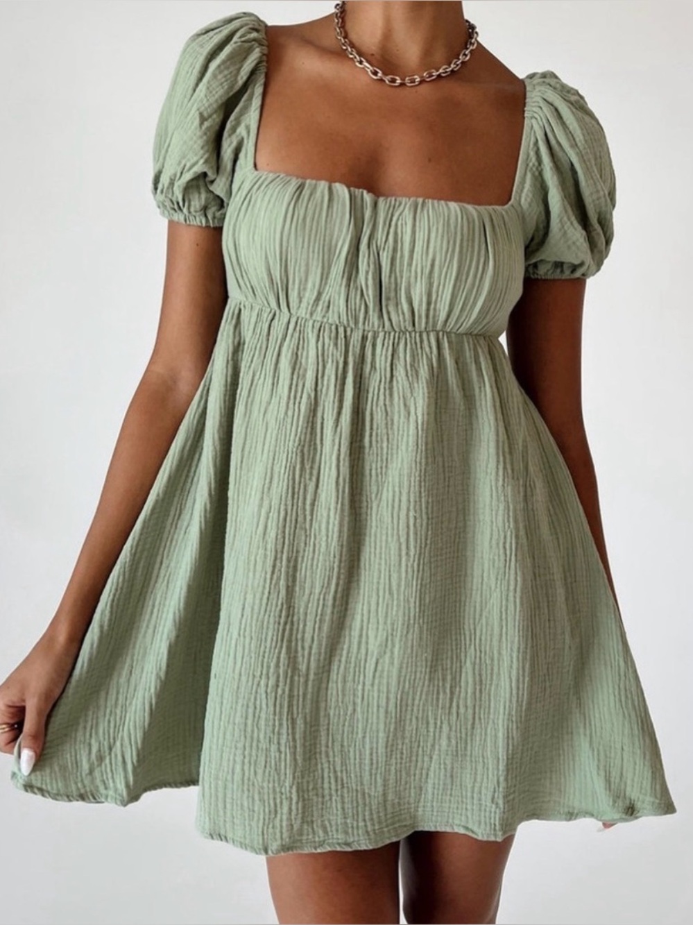 Princess Polly sage Green Puff Sleeve Mini Dress with lace up back